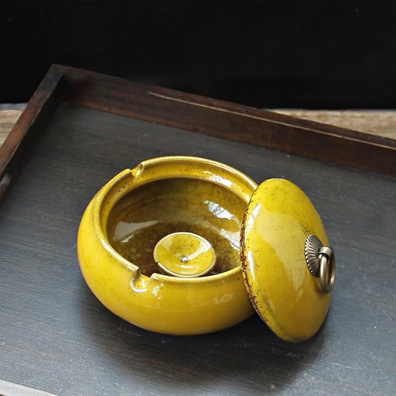 Yellow Ceramic Ashtray with Lid Windproof Portable Ash Tray for Indoor Outdoor Office Home Patio Decor - Image 4